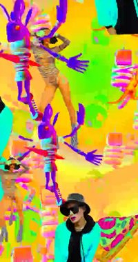 Looped 4k animation. 2d, 3d Crazy chaos mix of fashion objects and characters. Ideal creative modern clip for music background .
