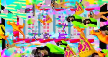Looped 4k animation. 2d, 3d Crazy chaos mix of fashion objects and characters. Ideal creative modern clip for music background .