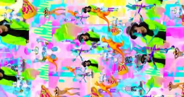 Looped 4k animation. 2d, 3d Crazy chaos mix of fashion objects and characters. Ideal creative modern clip for music background .