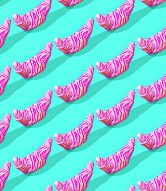 Seamless isometric 3d render pattern. Minimal design. Creative croissant. Sweet candy shop concept