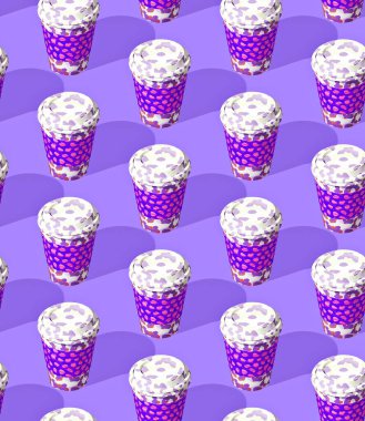 Seamless isometric 3d render pattern. Minimal design. Creative coffee cup.  Sweet candy shop, food concept