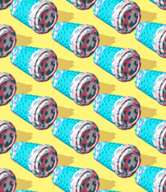 Seamless isometric 3d render pattern. Minimal design. Creative coffee cup.  Sweet candy shop, food concept