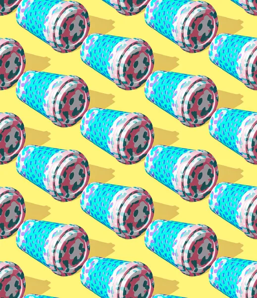 Seamless isometric 3d render pattern. Minimal design. Creative coffee cup.  Sweet candy shop, food concept
