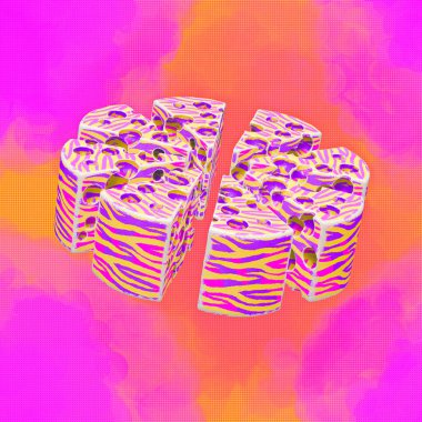Minimalistic stylized collage art. 3d render creative cheese design. Food concept