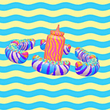 Minimalistic stylized collage art. 3d render creative hot dog design. Fast food, Junk food concept