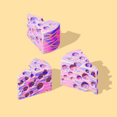 Minimalistic stylized collage isometry art. 3d render creative piece of cheese design. Party, food, candy colours concept