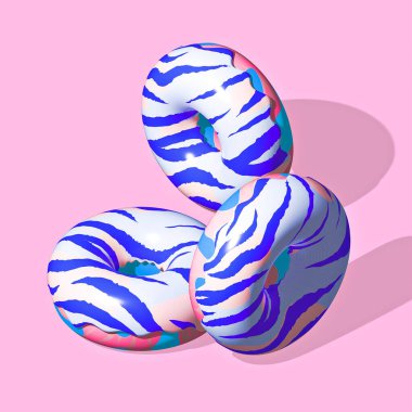 Minimalistic stylized collage isometry art. 3d render creative donuts design. Party, junk food, candy concept
