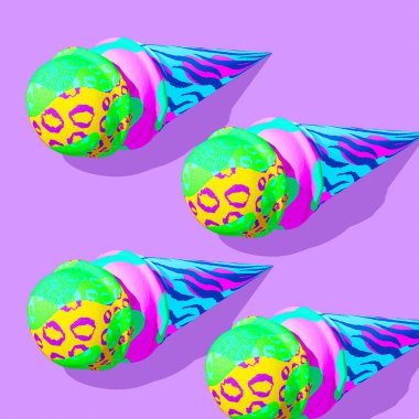 Minimalistic stylized collage isometry art. 3d render creative ice cream design. Party, food, sweet food concept