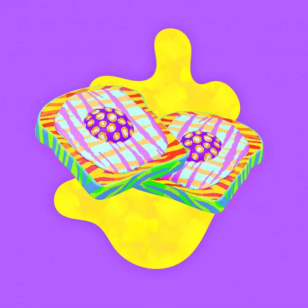 ミニマルなスタイルのコラージュアート 3Dレンダリング創造的な目玉焼きのデザイン パーティー 食べ物 ジャンクフードの概念 — ストック写真