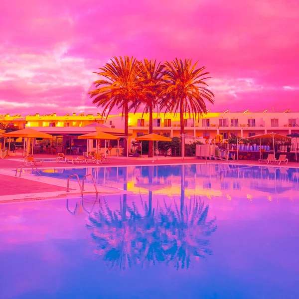 Zarif tropikal konum, palmiye ve yüzme havuzu geçmişi. Yaratıcı buhar renkleri tasarımı. Seyahat eden estetik duvar kağıtları