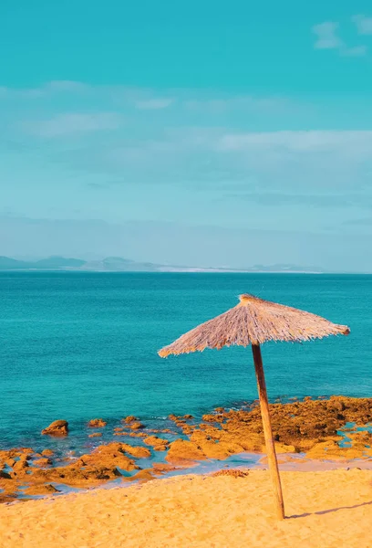 Strandparasol Uitzicht Oceaan Stijlvol Minimalistisch Strandbehang Reisconcept Canarische Eilanden — Stockfoto