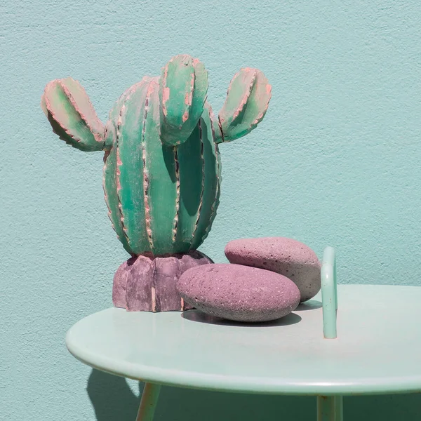 Decoración Casera Cactus Sobre Fondo Pared Azul Vacaciones Verano Vibraciones — Foto de Stock