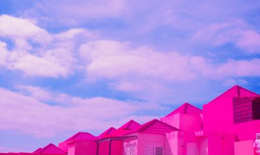 Minimalist mimari tarzı afiş. Renkli kombinasyon. Pembe ve mor. Geometri ve detaylar