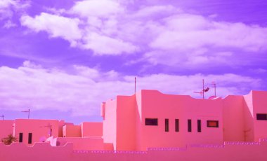 Minimalist mimari tarzı afiş. Renkli kombinasyon. Pembe ve mor. Geometri ve detaylar