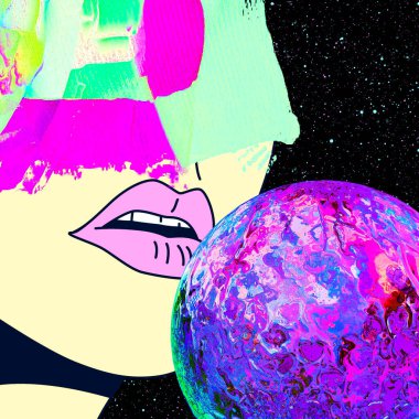 Çağdaş kolaj sanatı. Kozmik yaratıcı uzayda eskiz kızı. Pop Zine kültürü