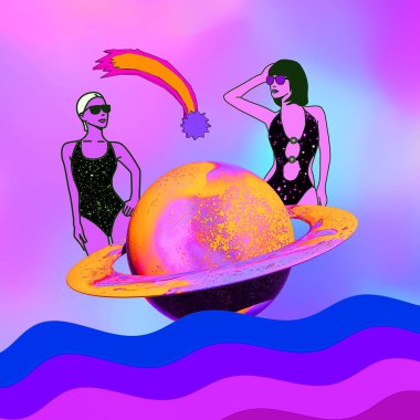 Çağdaş kolaj sanatı. Yaratıcı renkli mor uzayda iki plaj kozmik kızı çiz. Pop Zine kültürü