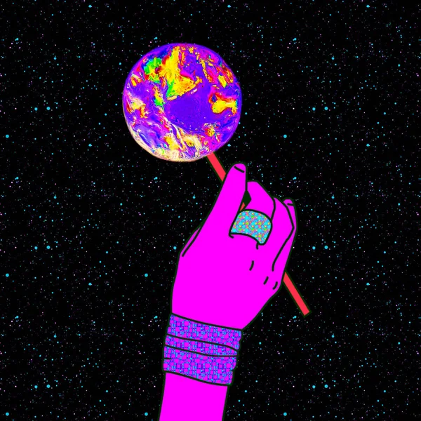 Contemporary Minimal Collage Art Hand Holding Loli Pop Planet Cosmic — Stock Photo, Image