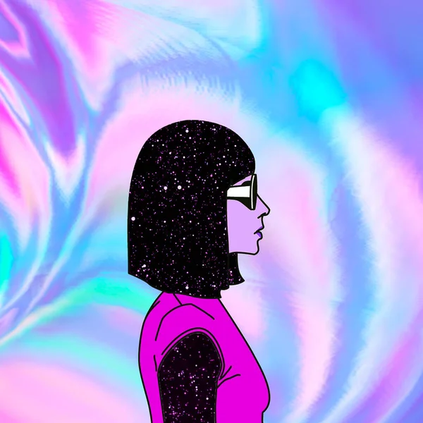 Zeitgenössische Minimalistische Collage Kunst Sketch Kosmisches Mädchen Kreativ — Stockfoto