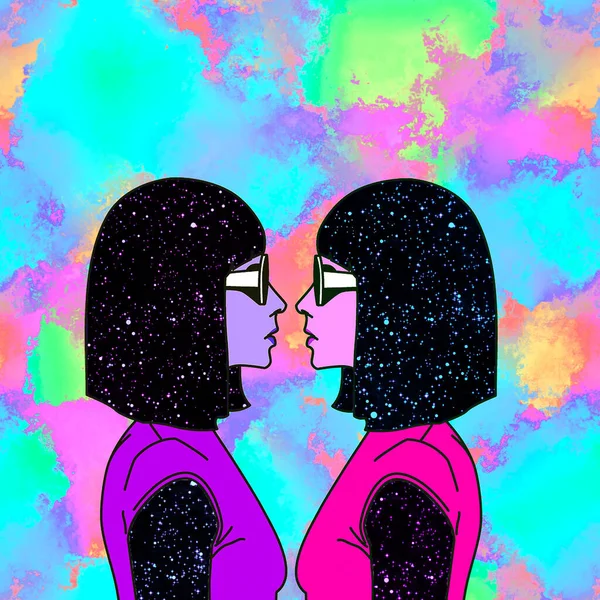 Arte Colagem Mínima Contemporânea Desenhe Duas Meninas Cósmicas Espaço Colorfull — Fotografia de Stock