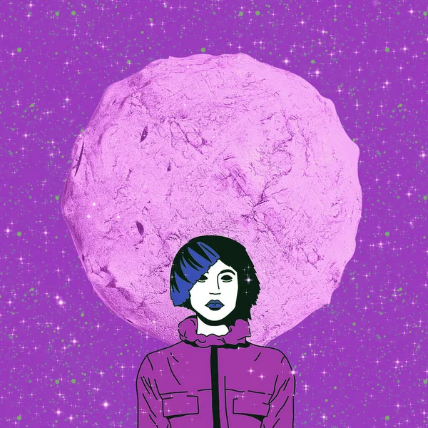 Contemporary Minimal Collage Art Sketch Cosmic Astronaut Girl Creative Purple — Stock Photo, Image