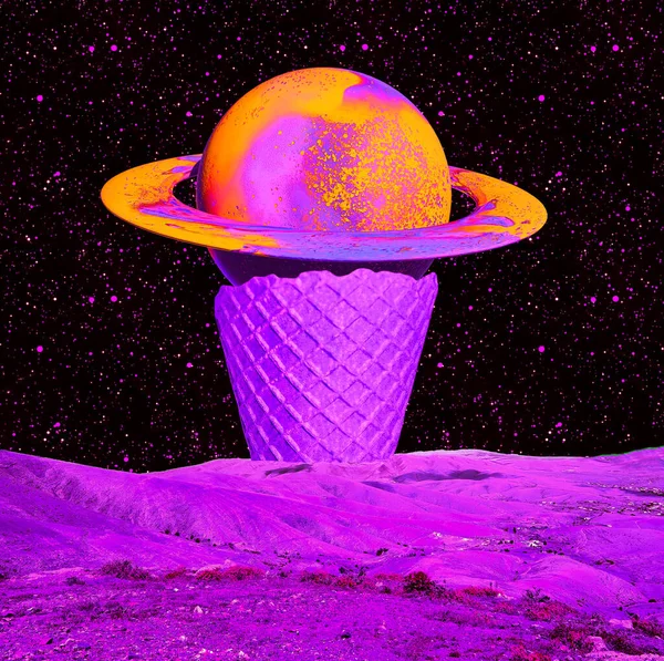 Arte Colagem Mínima Contemporânea Mistura Fotos Textura Sorvete Saturno Cósmico Fotos De Bancos De Imagens