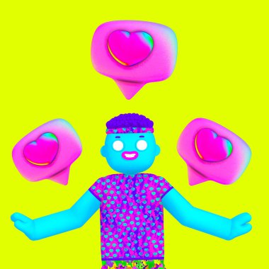 Şık kolaj sahnesi. Komik 3d Boy karakteri ve kalpler gibi. Sosyal ağlar, zaman, takipçiler, tanıtım konsepti gibi