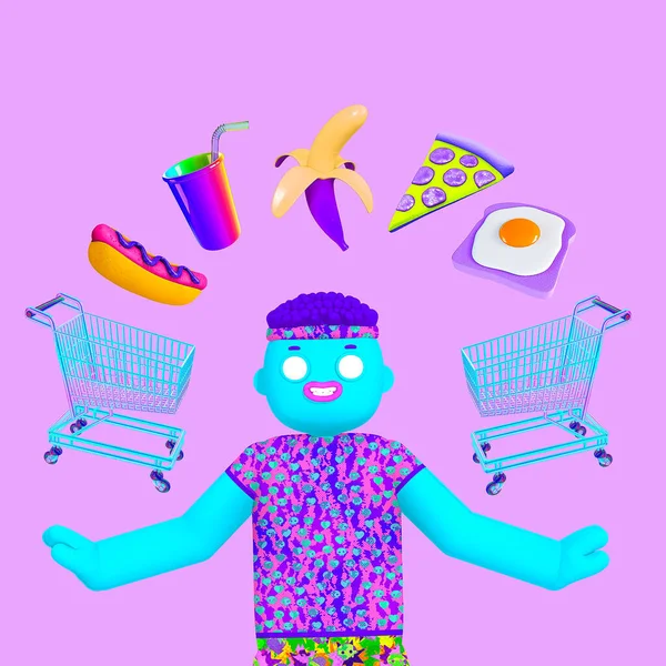 别致的拼贴场景有趣的3D男孩角色和超级市场食品 食品递送概念 网上商店 递送应用程序 — 图库照片
