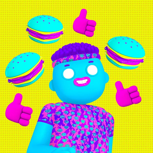 Stylowa Scena Kolażowa Zabawna Postać Boy Marzy Dobrych Hamburgerach Koncepcja — Zdjęcie stockowe
