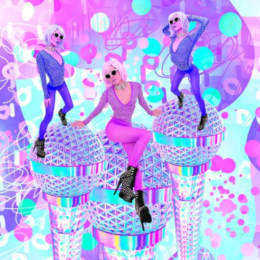 Çağdaş dijital kolaj sanatı. Retro kız 90 'larda kaldı. Seksi aksesuarlar ve kıyafetler. Yetişkin dükkanı, erotik dükkan, gece kulübü, karaoke, parti konsepti..