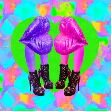 Çağdaş dijital kolaj sanatı. Seksi dudaklar ve bacaklar karışımı. Moda, yetişkin mağazası, gece kulübü, parti, kozmetik konsepti.