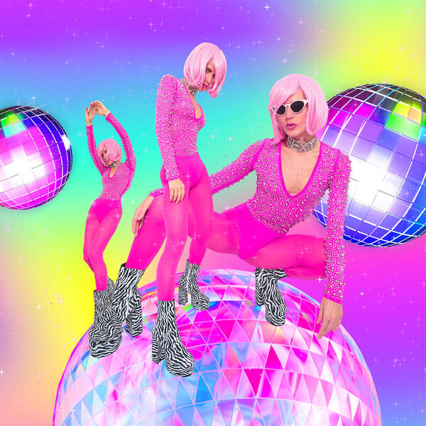 Contemporary digital collage art. Retro girl back in 90s style. Sexy fashion accessories and clothing. Adult shop, erotic shop, clubbing, karaoke, party concept.