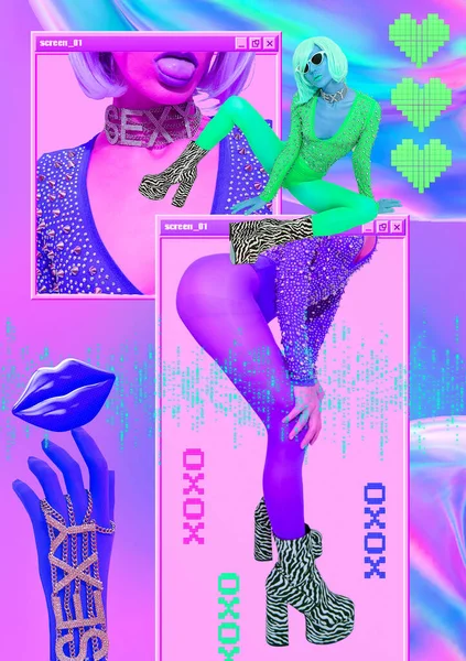 Contemporary Digital Collage Art Retro Girl Back 90S Style Sexy — Stock Photo, Image