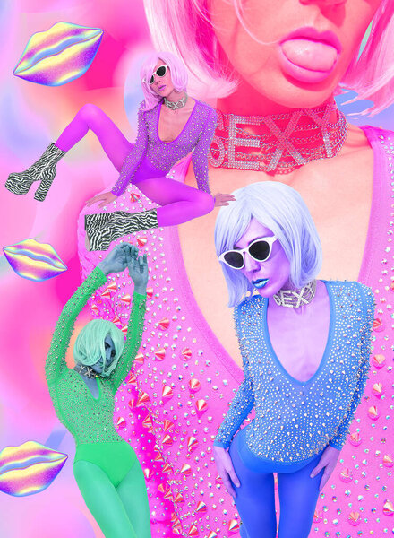 Contemporary digital collage art. Retro girl back in 90s style. Sexy fashion accessories and clothing. Adult shop, erotic shop, clubbing,  party concept.