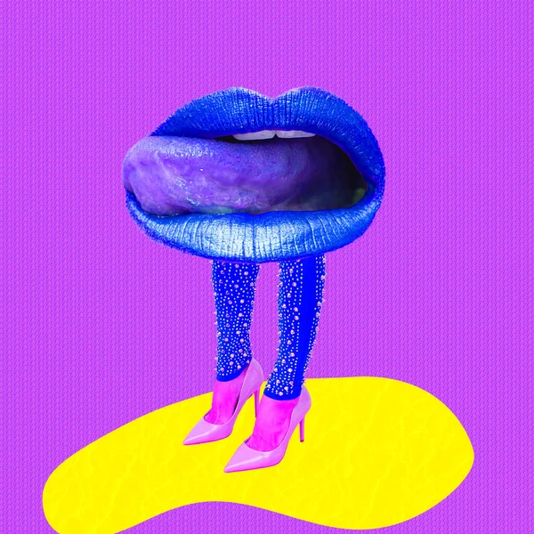 Сучасне Цифрове Мистецтво Колажу Чуттєві Сексуальні Губи Ноги Змішані Мода — стокове фото
