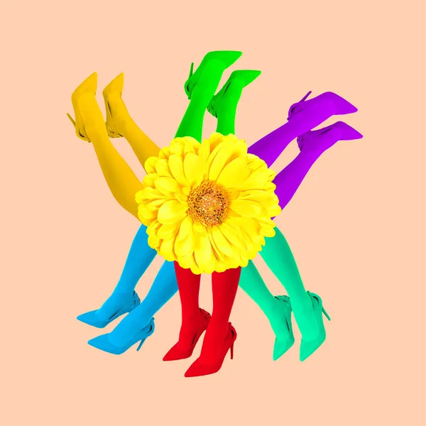 Сучасне Цифрове Мистецтво Колажу Дівчата Барвисті Ноги Квітка Жіноча Влада — стокове фото