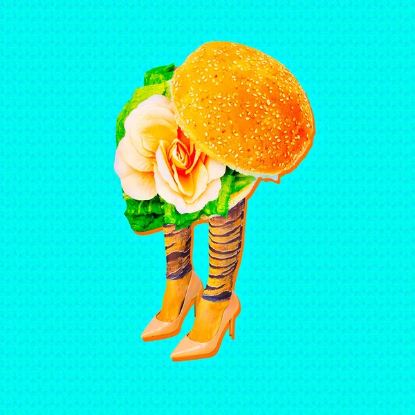 Samtida Digital Collage Konst Kreativa Lady Burgers Mat Kost Kalorikoncept — Stockfoto