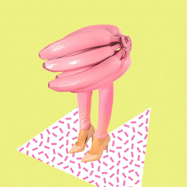 Сучасне Цифрове Мистецтво Колажу Креативна Рожева Елегантна Бананова Леді Веган — стокове фото