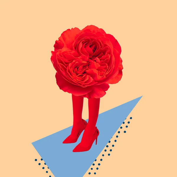 Art Contemporain Collage Numérique Retro Lady Fleurs Rouges Femmes Pouvoir — Photo