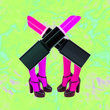 Çağdaş dijital kolaj sanatı. Zarif ayakkabılı ve renkli rujlu kadın bacakları. Kozmetik, makyaj moda konsepti
