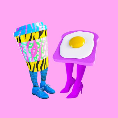 Çağdaş dijital kolaj sanatı. Komik Lady Eggs ve kahveci karakterleri. Ara, ofis hayatı, yaratıcı kahvaltı konsepti.