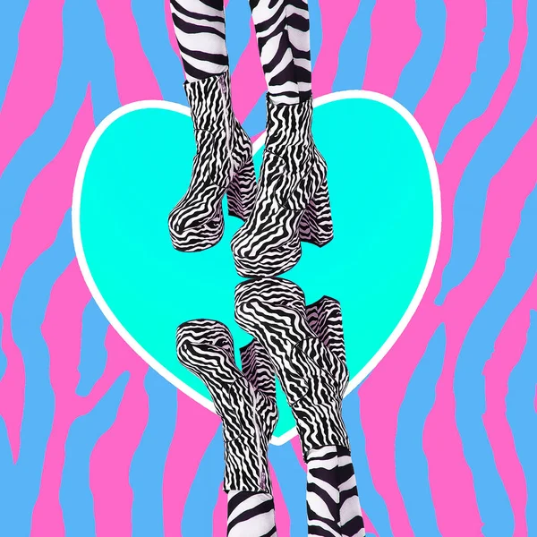 Collage Arte Digitale Contemporanea Gambe Donna Elegante Stampa Zebra Cuori — Foto Stock