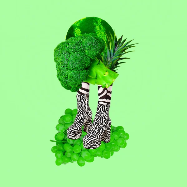 現代のデジタルコラージュアート 女性の足スタイリッシュなゼブラプリントと緑の食品 バイオ 新鮮なビーガンの恋人の概念 — ストック写真