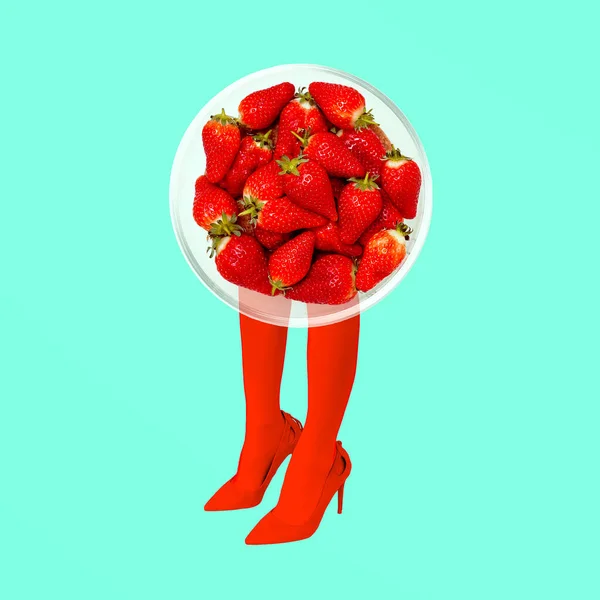 現代のデジタルコラージュアート ストロベリー婦人 ビタミン 新鮮さ ビーガンの恋人面白いコンセプト — ストック写真