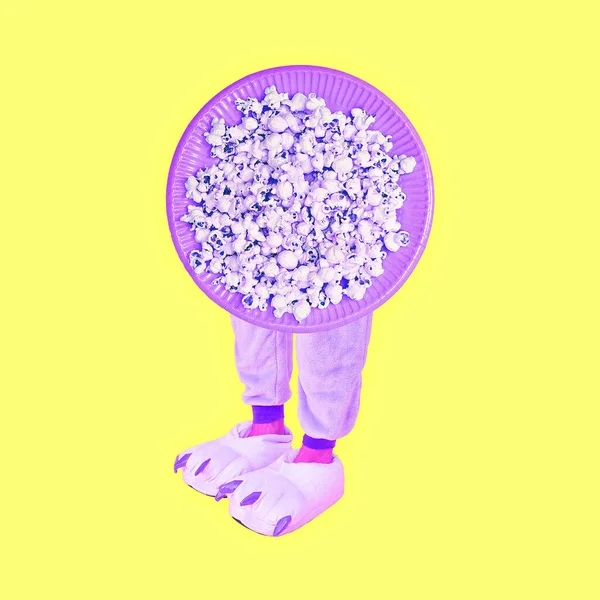 Současná Digitální Koláž Umění Popcorn Pantofle Legrační Charakter Relaxovat Doma — Stock fotografie