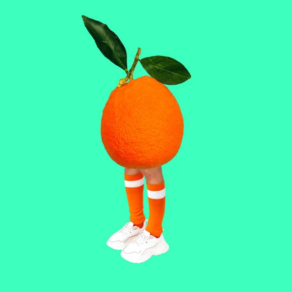 Arte Colagem Digital Contemporânea Personagem Homem Desportivo Laranja Vitaminas Frescura — Fotografia de Stock