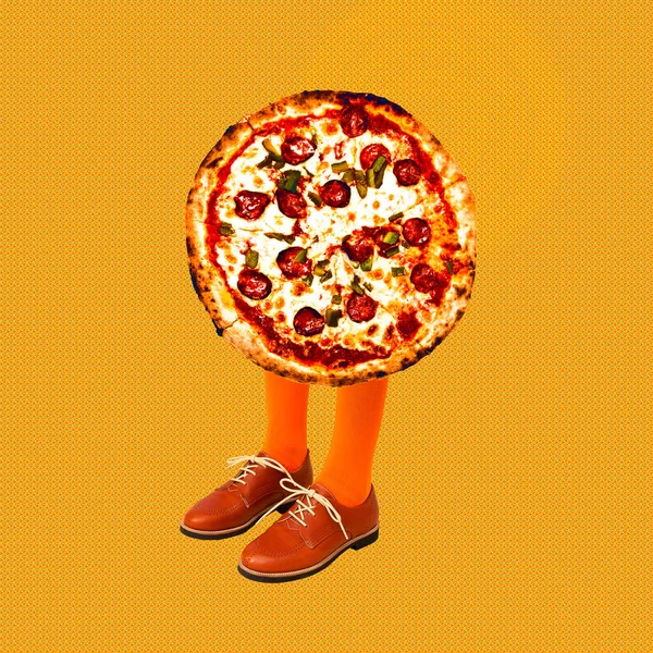 Contemporary Digital Collage Art Pizza Vintage Caracter Pizza Lover Concept — Stock Photo, Image