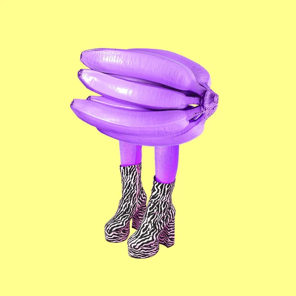 現代のデジタルコラージュアート 女性の足スタイリッシュなゼブラプリントと紫色のバナナ バイオ 幸せなビーガン恋人のコンセプト ロイヤリティフリーのストック画像