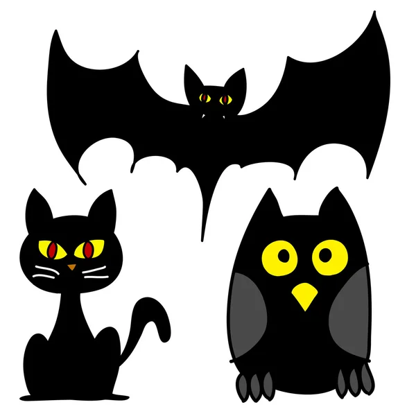 Векторні ілюстрації - Хеллоуїн набір з трьох: Bat, сова, кіт — стоковий вектор
