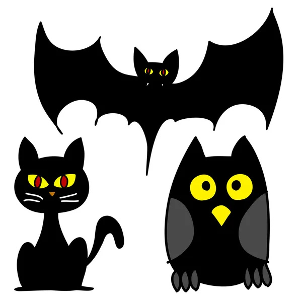 Векторные иллюстрации - Halloween Set of Three: Bat, Owl, Cat — стоковый вектор