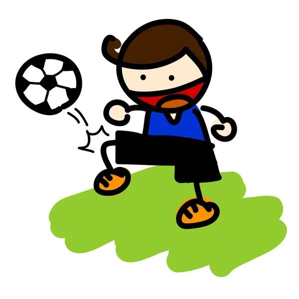 Ilustración vectorial, lindo niño jugando fútbol, concepto de dibujos animados, fondo blanco . — Vector de stock